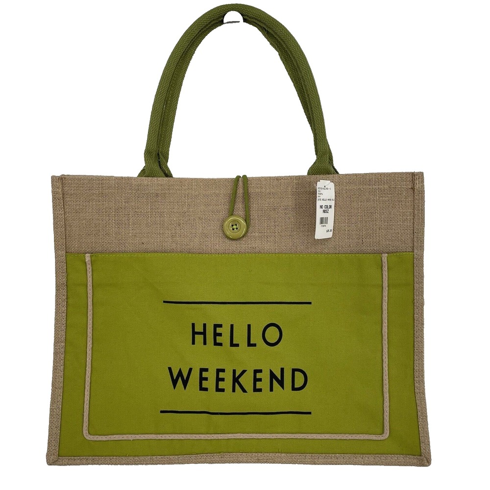 Jute Burlap Hello‎ Weekend Large Tote Shopper Bag with Pockets NWT Lime Green